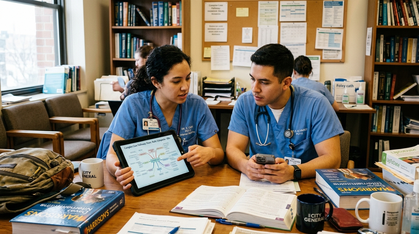 Connect symptoms and disease pathways visually Two medical residents in hospital scrubs reviewing complex clinical case pathways and differential diagnosis on tablet