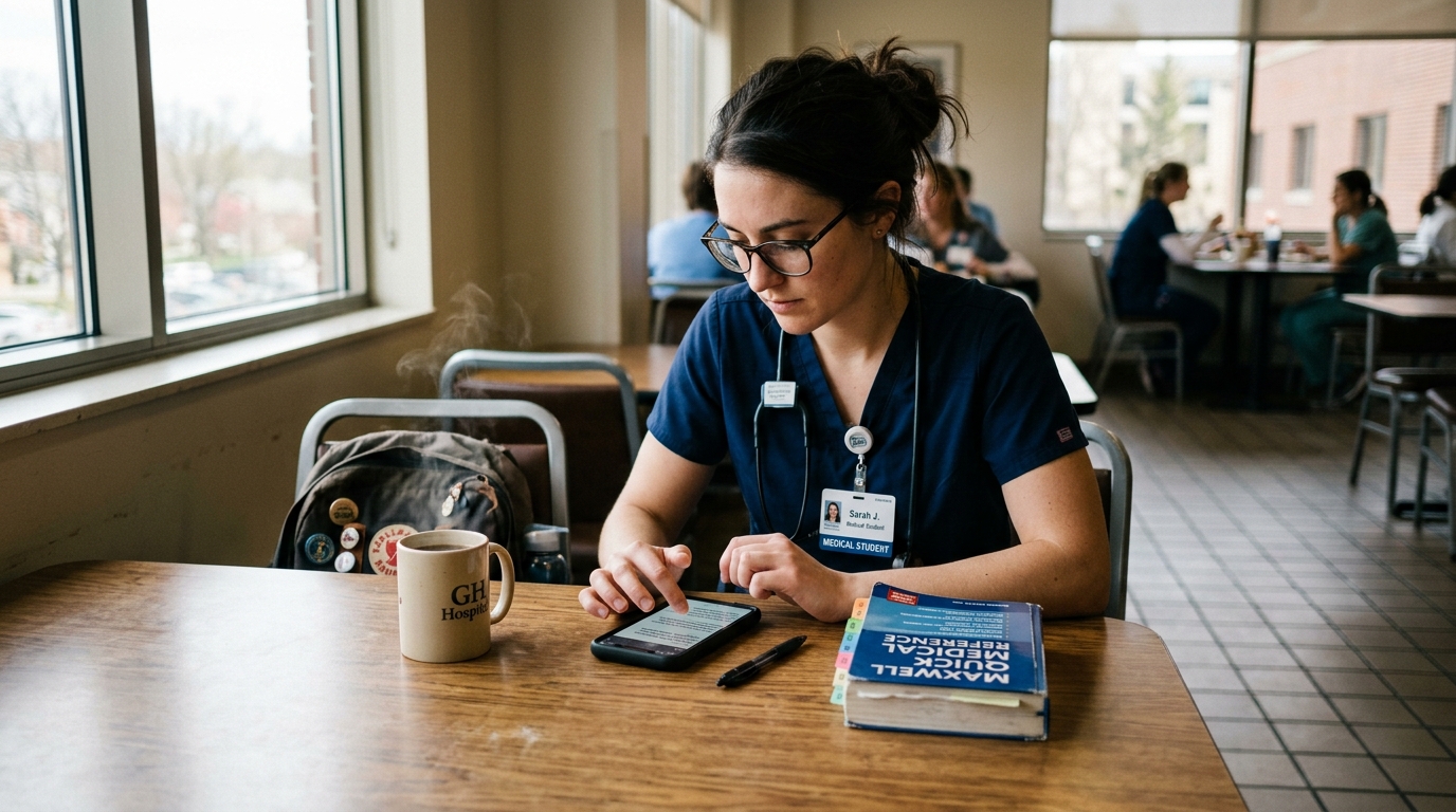 Master high yield pharmacology and pathology on shift breaks Medical student in hospital scrubs reviewing clinical pharmacology flashcards and USMLE questions on smartphone during break