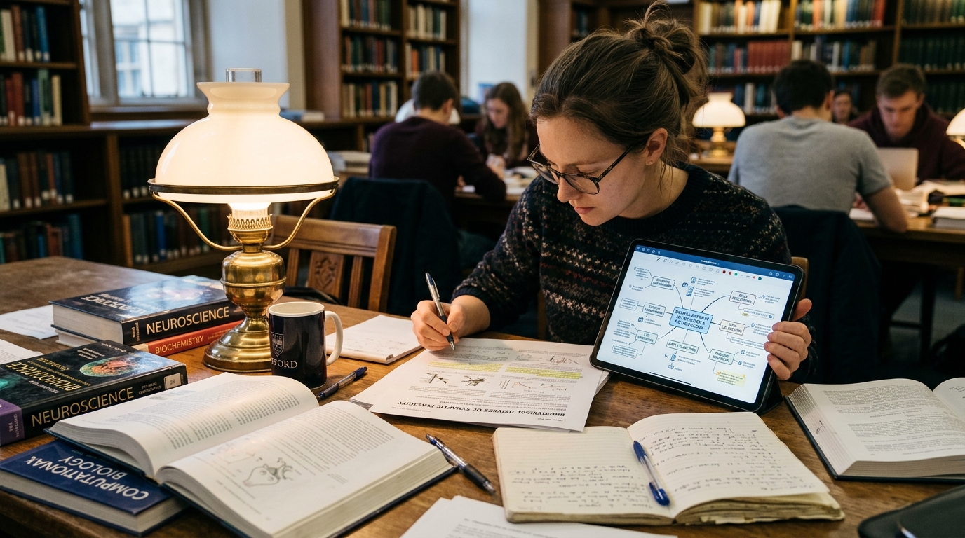 Academic scholar exploring interactive research concept map on tablet surrounded by textbooks