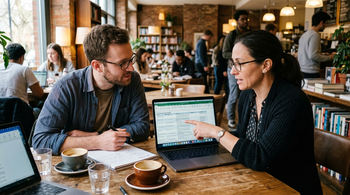 Two researchers discussing literature synthesis table on laptop over coffee in academic cafe