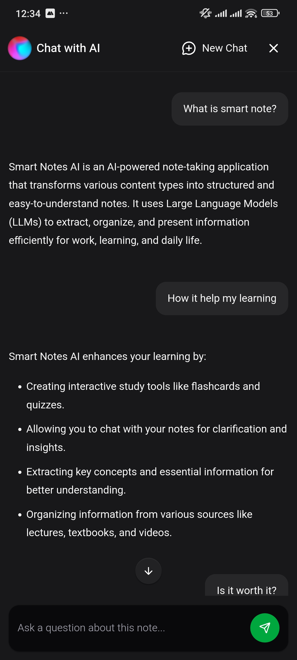 Smart Notes AI AI chat assistant interface for asking questions about notes