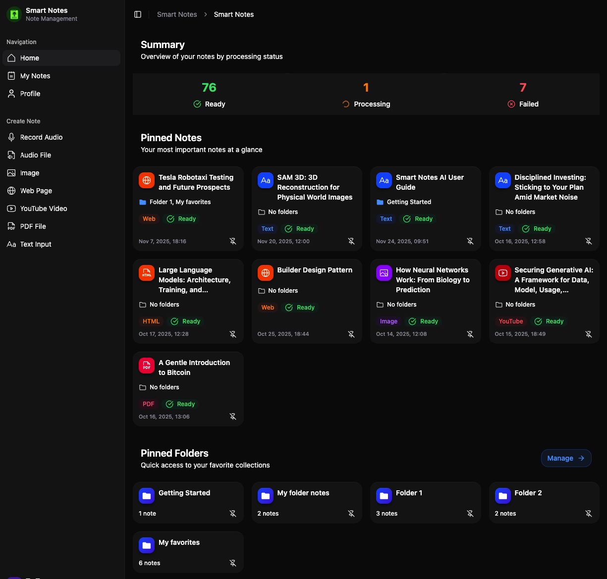 Smart Notes AI web application interface on desktop showing note management