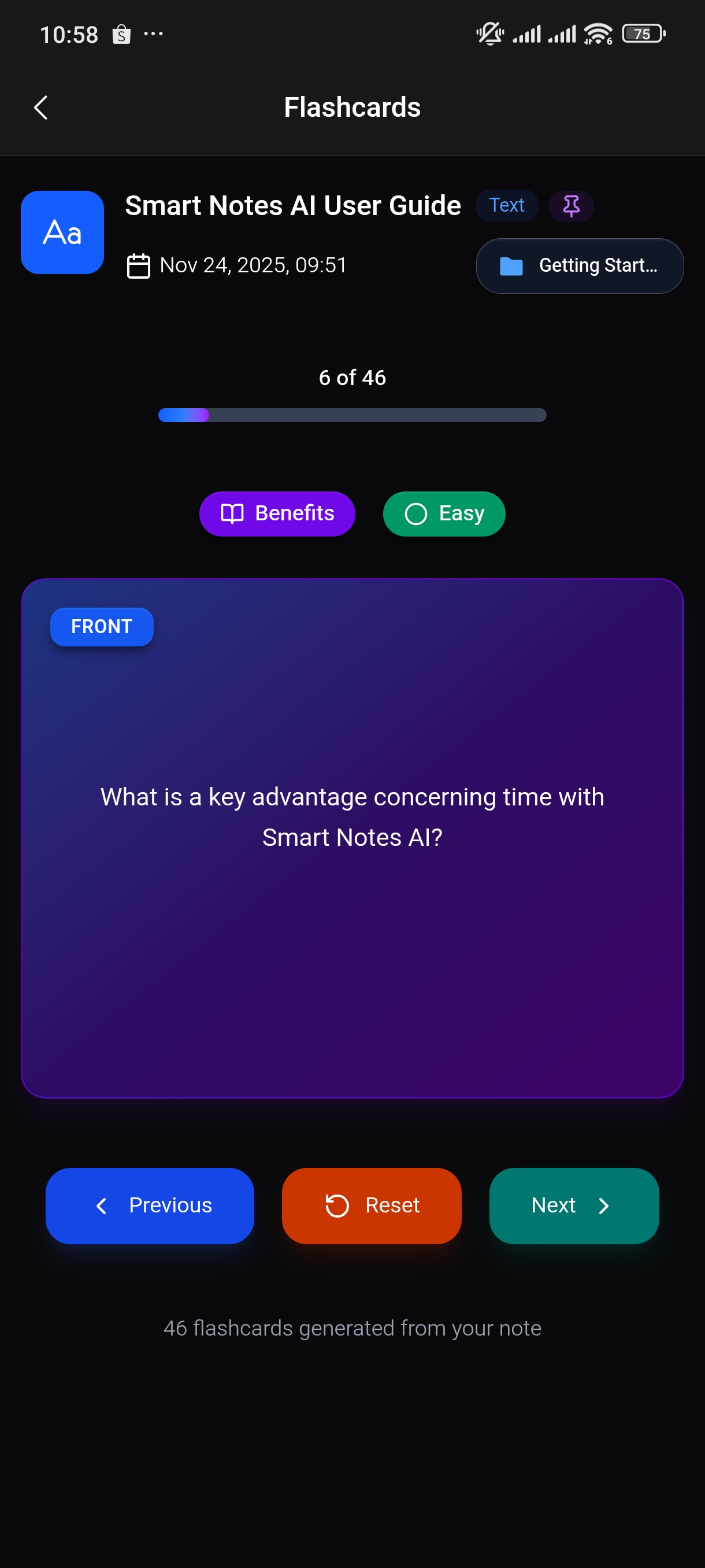 Smart Notes AI Flashcards feature interface on mobile device