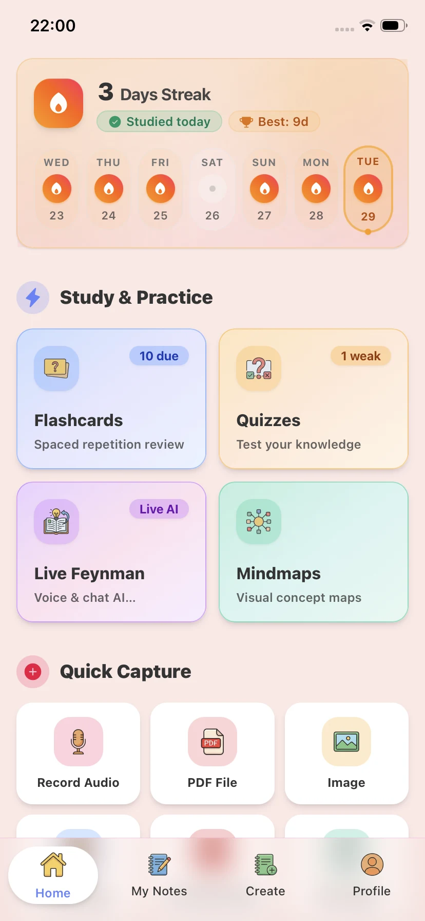 MasteryAI mobile app home screen showing Study Hub interface