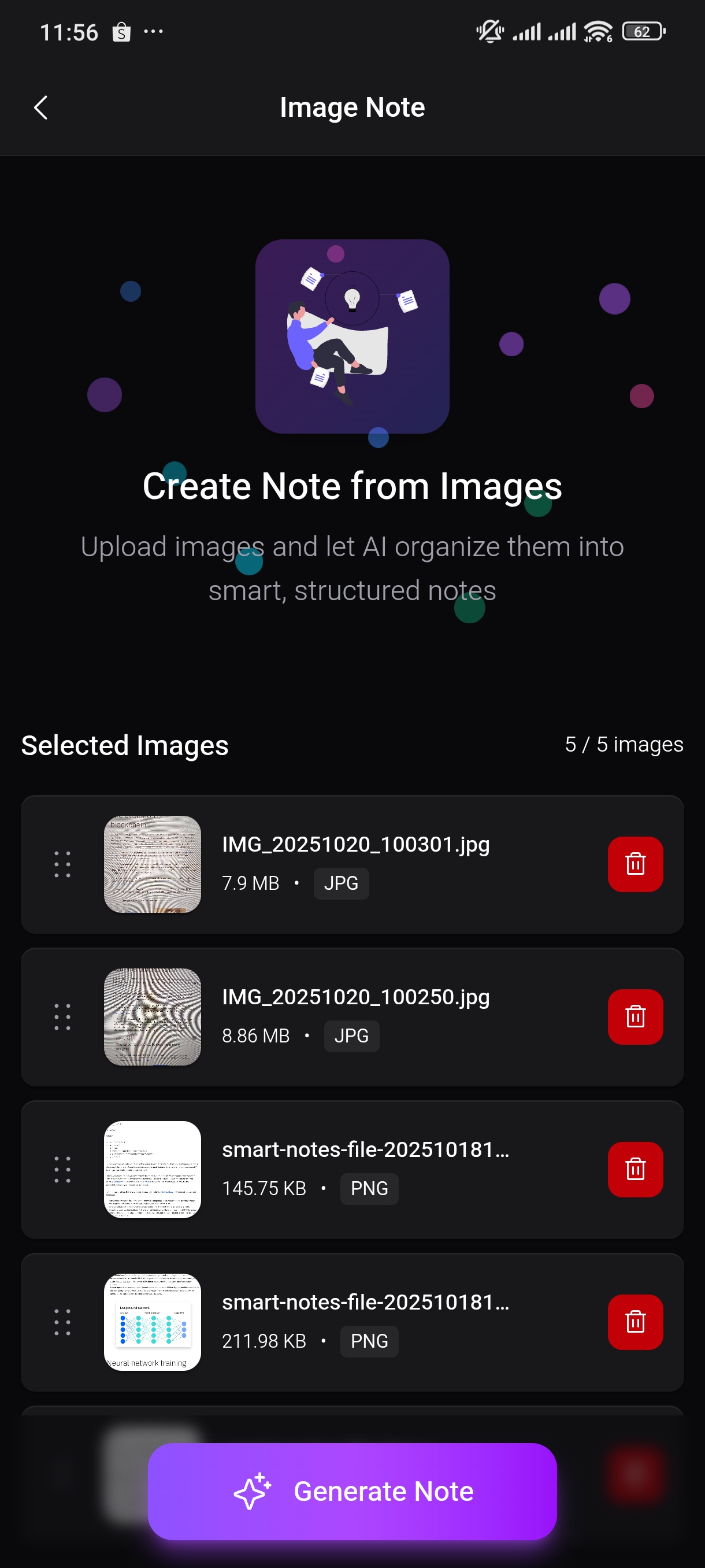 Smart Notes AI Images & Screenshots creation interface on mobile device