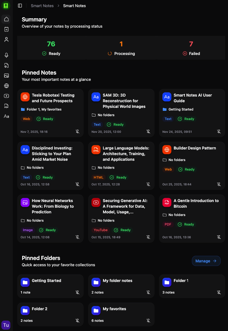 Smart Notes AI running on iPad showing note organization interface