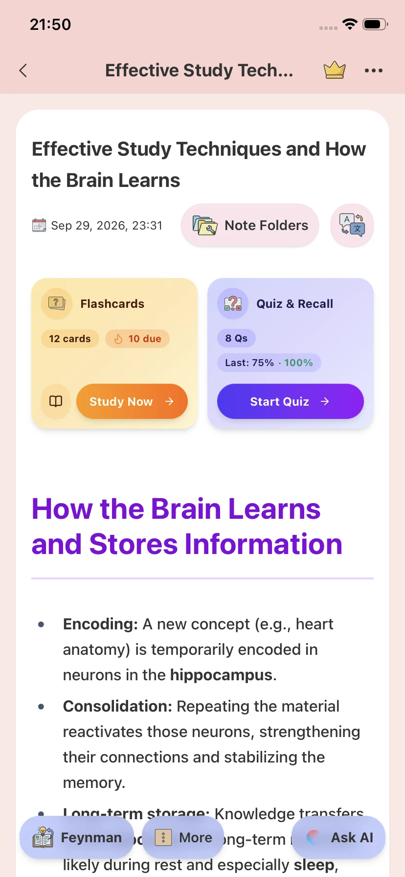 MasteryAI note detail view showing structured note content with intelligent formatting
