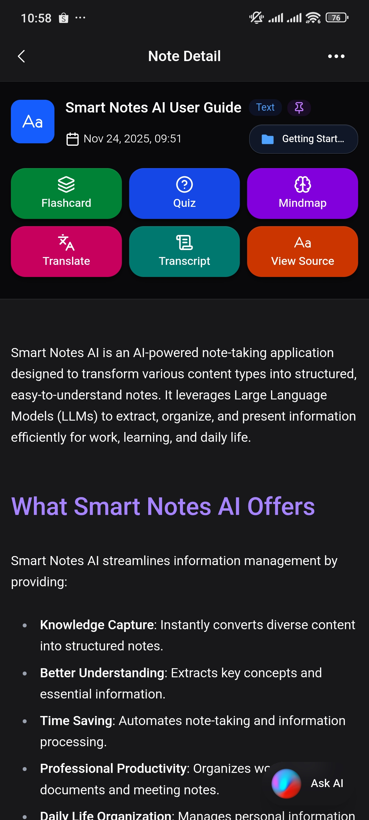 Smart Notes AI note detail view showing structured note content with intelligent formatting