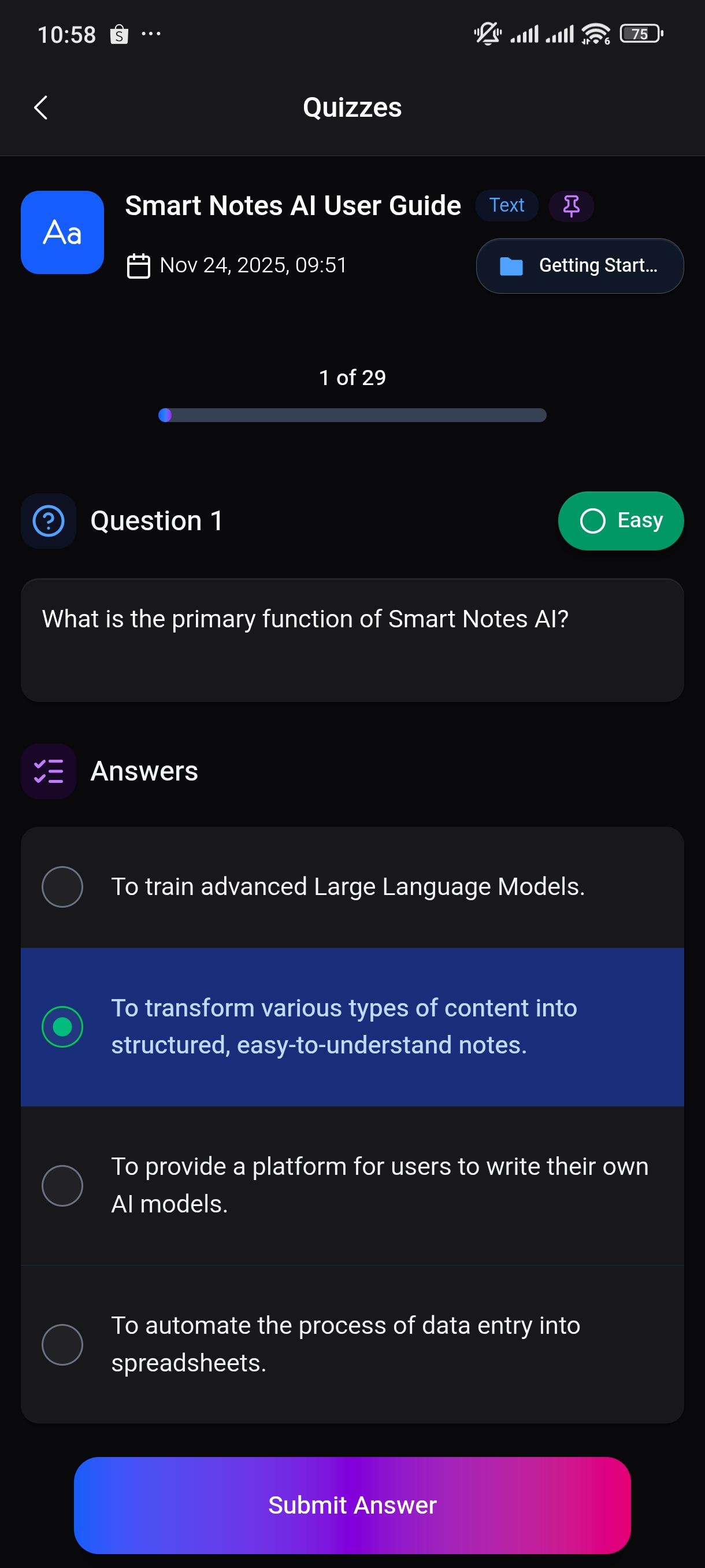 Smart Notes AI Quizzes feature interface on mobile device
