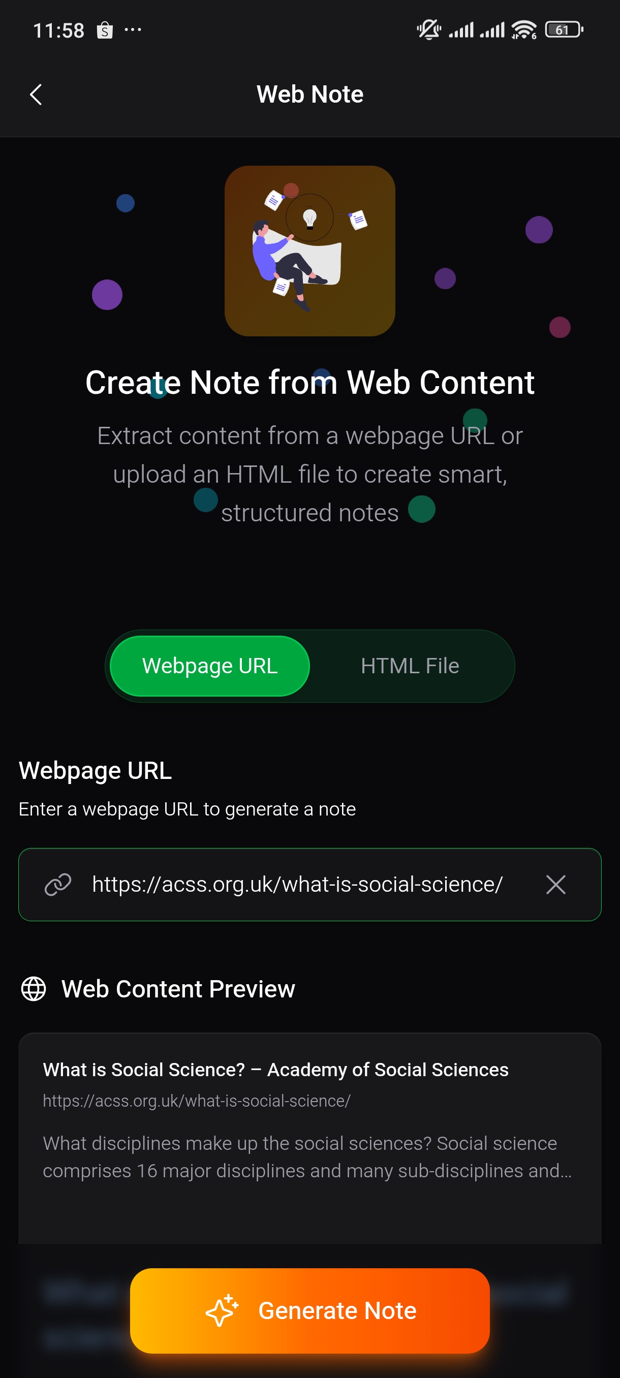 Smart Notes AI Web Pages creation interface on mobile device